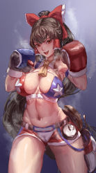 Rule 34 | 1girl, absurdres, adapted costume, blue background, blush, bow, boxing gloves, boxing shorts, breasts, brown eyes, brown hair, cameltoe, commentary request, cookie (touhou), cowboy shot, d tomoki, dungeon and fighter, fighter (dungeon and fighter), fighting stance, hair bow, hakurei reimu, highres, kanna (cookie), large breasts, long hair, looking at viewer, midriff, navel, necktie, open mouth, ponytail, red bow, red shorts, shorts, solo, star (symbol), touhou, very long hair, yellow necktie