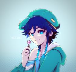 Rule 34 | 1boy, absurdres, artist name, blue background, blue eyes, blue hair, blue headwear, braid, candy, closed mouth, food, genshin impact, gradient hair, hair between eyes, highres, holding, holding candy, holding food, holding lollipop, lollipop, long sleeves, male focus, multicolored hair, naociel, off shoulder, short hair with long locks, solo, twin braids, upper body, venti (genshin impact)