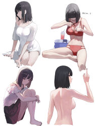 Rule 34 | 1girl, absurdres, barefoot, bikini, black hair, breasts, cleavage, cup, drinking straw, facial tattoo, fingernails, from behind, highres, korean text, legs, looking at viewer, looking back, looking down, looking to the side, mac star, medium breasts, middle finger, multiple views, nail polish, nude, original, pointy ears, red bikini, red skirt, shirt, short hair, short sleeves, sideboob, simple background, sitting, skirt, star tattoo, swimsuit, t-shirt, tattoo, toenail polish, toenails, toes, translation request, white background, white shirt