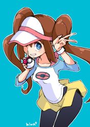 Rule 34 | 1girl, absurdres, blue background, blue eyes, blush, brown hair, collarbone, creatures (company), double bun, game freak, hair bun, hat, highres, hiva+, holding, holding poke ball, long hair, nintendo, one eye closed, pantyhose, parted lips, poke ball, poke ball (basic), pokemon, pokemon bw2, rosa (pokemon), signature, simple background, skirt, sleeves rolled up, smile, solo, sweatband, twintails, v, yellow skirt
