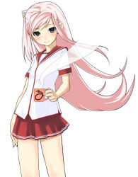 Rule 34 | 00s, 1girl, arm at side, blush, cup, hair ornament, hairclip, holding, holding cup, long hair, looking at viewer, lucy maria misora, mug, pink hair, pleated skirt, red skirt, school uniform, serafuku, short sleeves, simple background, skirt, smile, solo, standing, steam, swept bangs, to heart (series), to heart 2, very long hair, white background