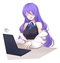 Rule 34 | 1girl, bare shoulders, black shirt, blue ribbon, breasts, brooch, collared shirt, computer, crop top, closed eyes, fang, gradient hair, hair between eyes, highres, hololive, hololive indonesia, jacket, jewelry, laptop, large breasts, long hair, moona hoshinova, multicolored hair, neck ribbon, off shoulder, open mouth, pak ce, purple hair, ribbon, shirt, simple background, sleeveless, sleeveless shirt, solo, speech bubble, star (symbol), virtual youtuber, white background, white jacket, wifi symbol