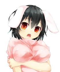 Rule 34 | 1girl, alternate breast size, animal ears, black hair, blush, breast hold, breasts, carrot, female focus, gorilla (bun0615), inaba tewi, jewelry, large breasts, necklace, open mouth, rabbit ears, red eyes, short hair, short sleeves, simple background, solo, touhou, white background