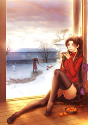 Rule 34 | 1girl, archer (fate), black thighhighs, blue eyes, brown hair, fate/stay night, fate (series), highres, legs, no shoes, nollxmai, one eye closed, pillow, sitting, snow, solo focus, tea, thighhighs, tohsaka rin, two side up, watermark, web address, wheelbarrow, winter