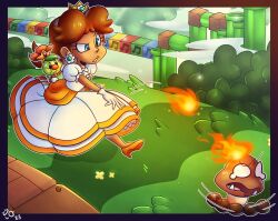 Rule 34 | 1girl, 2others, beamed eighth notes, blue eyes, brown hair, bush, crown, dress, earrings, fire, fire daisy, flower earrings, gloves, goomba, grass, high heels, highres, jewelry, marimba block, mario (series), multiple others, musical note, nintendo, power-up, prince, prince florian, princess daisy, puffy short sleeves, puffy sleeves, running, serious, short sleeves, super mario bros. wonder, sweat, tears, tomboy, warp pipe, white dress