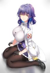 Rule 34 | 1girl, azuma (azur lane), azur lane, black footwear, black gloves, black pantyhose, bra visible through clothes, breasts, buttons, gloves, hair between eyes, hair ornament, half gloves, hand on own thigh, jacket, jacket on shoulders, large breasts, long hair, looking at viewer, looking to the side, pantyhose, parted lips, pleated skirt, purple hair, see-through, sidelocks, sitting, skirt, smile, solo, white skirt, xiangzi box, yellow eyes