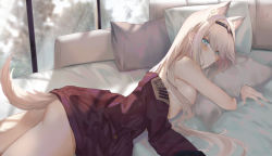 Rule 34 | 1girl, an-94 (girls&#039; frontline), animal ears, aqua eyes, ass, blush, closed mouth, dog ears, dog girl, dog tail, girls&#039; frontline, hairband, indoors, jacket, long hair, looking at viewer, lying, hugging object, on stomach, pillow, pillow hug, ru zhai, solo, tail