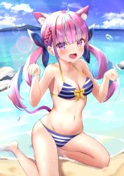 Rule 34 | 1girl, ahoge, animal ear fluff, animal ears, aqua hair, aqua nails, bare arms, bare legs, bare shoulders, beach, bikini, blue bikini, blush, braid, breasts, cat ears, cat tail, cleavage, cloud, collarbone, colored inner hair, commentary request, day, fifth3640, french braid, full body, hair ribbon, highres, hololive, kemonomimi mode, kneeling, long hair, looking at viewer, medium breasts, minato aqua, minato aqua (hololive summer 2019), multicolored hair, nail polish, navel, ocean, open mouth, outdoors, paw pose, purple eyes, purple hair, ribbon, sand, smile, solo, stomach, streaked hair, striped bikini, striped clothes, sunlight, swimsuit, tail, twintails, two-tone hair, virtual youtuber, white bikini