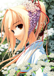 Rule 34 | 1girl, absurdres, bad id, bad pixiv id, cherry blossoms, flower, from side, hair flower, hair intakes, hair ornament, highres, japanese clothes, light smile, looking at viewer, murohime oruko, ponytail, profile, solo, upper body, wind, wisteria, yellow eyes