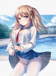 Rule 34 | 1girl, :o, blue eyes, blue skirt, blurry, blurry background, blush, breasts, brown hair, cowboy shot, crotch seam, highres, lalazyt, large breasts, long hair, long sleeves, looking at viewer, miniskirt, necktie, original, pantyhose, pool, red necktie, sailor collar, school uniform, serafuku, skirt, solo, twintails, water, wet, wet clothes, white pantyhose, wringing clothes