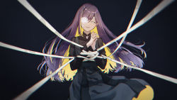 Rule 34 | 1girl, black background, black shirt, blonde hair, bound, bound wrists, breasts, chromatic aberration, commentary request, dress, flower, flower over eye, high collar, highres, interlocked fingers, jewelry, long hair, long sleeves, looking at viewer, multicolored hair, necklace, necojishi, original, own hands clasped, own hands together, parted lips, pinafore dress, pleated skirt, purple hair, ribbon, ring, shirt, skirt, sleeveless dress, small breasts, smile, solo, swept bangs, two-tone hair, upper body, white eyes, white flower, white ribbon