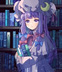 Rule 34 | 1girl, blue bow, blue ribbon, blunt bangs, blush, book, bookshelf, bow, bowtie, capelet, closed mouth, commentary, dress, frilled capelet, frilled sleeves, frills, hair bow, hat, hat ribbon, highres, holding, holding book, long hair, long sleeves, looking at viewer, nauka, patchouli knowledge, purple eyes, purple hair, red bow, red bowtie, red ribbon, ribbon, sidelocks, smile, solo, touhou, upper body, white capelet, white dress, white hat, wide sleeves