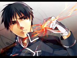 Rule 34 | 1boy, black hair, character name, copyright name, fire, fley3black, fullmetal alchemist, gloves, letterboxed, male focus, military, military uniform, roy mustang, solo, uniform