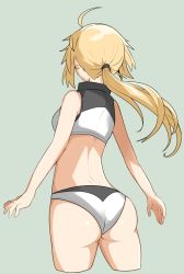Rule 34 | 1girl, ahoge, antenna hair, artoria pendragon (fate), artoria pendragon (swimsuit archer) (fate), artoria pendragon (swimsuit archer) (second ascension) (fate), ass, bikini, blonde hair, commentary request, cropped legs, fate/grand order, fate (series), from behind, gin moku, green background, highres, long hair, low ponytail, solo, swimsuit
