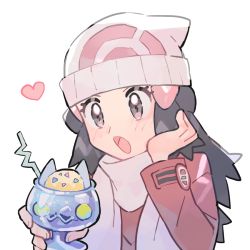 Rule 34 | 1girl, beanie, black hair, blush, coat, commentary, creatures (company), dawn (pokemon), drinking straw, eyelashes, game freak, grey eyes, hair ornament, hairclip, hands up, hat, heart, holding, long sleeves, nintendo, open mouth, pokemon, pokemon dppt, pokemon platinum, rata (m40929), red coat, scarf, solo, tongue, upper body, white hat, white scarf