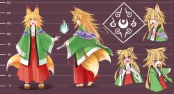 Rule 34 | 1girl, :d, absurdres, animal ears, barefoot, blonde hair, fang, fang out, feet, fire, fox ears, fox tail, geta, hakama, hakama skirt, haori, height chart, highres, japanese clothes, long hair, miko, multiple tails, no socks, ofuda, open mouth, orange eyes, original, red hakama, senbon, skirt, smile, striped, striped background, tail, toes, two tails, wide sleeves