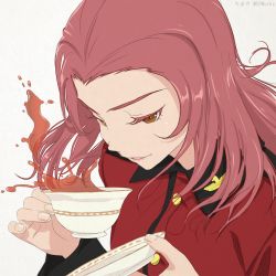 Rule 34 | 1girl, bad id, bad twitter id, brown eyes, chimaki (u9works), colored eyelashes, cup, dutch angle, girls und panzer, lips, long hair, pink hair, pink lis, rosehip (girls und panzer), saucer, sketch, solo, st. gloriana&#039;s military uniform, tea, teacup, white background