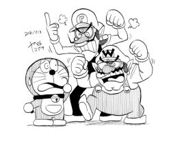 Rule 34 | 3boys, puff of air, bell, big nose, buttons, cabbie hat, clenched hands, clenched teeth, collar, commentary request, dated, doraemon, doraemon (character), facial hair, foot up, frown, gloves, greyscale, hand ball, hand to own mouth, hands up, hat, height difference, jingle bell, letter, long sleeves, mario (series), monochrome, motion lines, multiple boys, mustache, nintendo, open mouth, overalls, pointing, pointy ears, pointy footwear, shadow, shirt, short hair, signature, sweatdrop, teeth, thick eyebrows, upper teeth only, v-shaped eyebrows, waluigi, wario, whiskers, wide-eyed, yamato koara