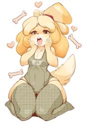Rule 34 | 1girl, animal crossing, animal ears, bad id, bad pixiv id, blonde hair, body fur, bone, breasts, chestnut mouth, cleavage, dog ears, dog girl, dog tail, drooling, full body, furry, furry female, grey one-piece swimsuit, hands on own face, heart, highres, isabelle (animal crossing), kneeling, nintendo, one-piece swimsuit, round teeth, saliva, school swimsuit, seiza, short hair, simple background, sitting, slugbox, small breasts, solo, striped clothes, striped thighhighs, swimsuit, tail, tareme, teeth, thick eyebrows, thick thighs, thigh gap, thighhighs, thighs, tongue, tongue out, torogao, unmoving pattern, wide hips