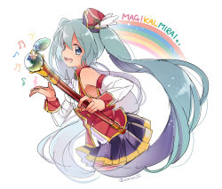 Rule 34 | 1girl, :d, absurdres, aqua eyes, armpit peek, band uniform, bare shoulders, bass clef, blue eyes, collar, copyright name, cropped legs, detached sleeves, hat, hatsune miku, highres, holding, holding staff, long hair, looking at viewer, looking to the side, magical mirai (vocaloid), mini hat, musical note, necktie, open mouth, outstretched hand, pleated skirt, quaver, rainbow, red vest, rod, skirt, smile, solo, staff, star (symbol), treble clef, twintails, twitter username, umiko (munemiu), very long hair, vest, vocaloid, winged hat
