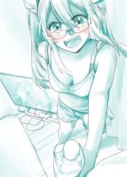 Rule 34 | 1girl, alternate costume, aqua theme, blush, bottle, breasts, cleavage, commentary, controller, curtains, fang, frown, game controller, glasses, hair between eyes, hair ribbon, highres, holding, holding bottle, kantai collection, long hair, looking at viewer, monochrome, multiple monochrome, open mouth, out of frame, ribbon, shorts, sleeveless, smile, solo, spaghetti strap, teeth, television, tone (kancolle), twintails, wooden floor, yami (m31)