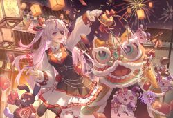 Rule 34 | 1girl, ahoge, arm up, artist name, blush, bow, chinese commentary, chinese new year, corsage, dumpling, eyepatch, firecrackers, fireworks, flower, food, fur trim, hair bow, heart, heart ahoge, highres, holding, holding food, hongbao, idol clothes, lantern, lion dance, long hair, maria marionette, marippet (maria marionette), multicolored hair, night, nijisanji, nijisanji en, open mouth, pink eyes, pink hair, red flower, red rose, rose, signature, snine, solo, standing, standing on one leg, streaked hair, tanghulu, very long hair
