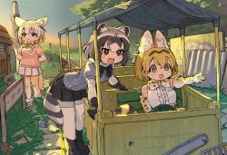 Rule 34 | 3girls, animal ears, arms behind back, bare shoulders, black bow, black legwear, black skirt, blonde hair, blue sweater, blush, bow, bowtie, cat ears, cat girl, cat tail, center frills, commentary, common raccoon (kemono friends), elbow gloves, extra ears, fennec (kemono friends), fox ears, fox girl, fox tail, frills, fur collar, gloves, grey hair, high-waist skirt, highres, kemono friends, multicolored hair, multiple girls, pantyhose, pink sweater, pleated skirt, pointing, print bow, print bowtie, print gloves, puffy short sleeves, puffy sleeves, raccoon ears, raccoon girl, raccoon tail, railroad tracks, serval (kemono friends), serval print, shirt, short hair, short sleeves, sign, skirt, sleeveless, spawnfoxy, sweater, symbol-only commentary, tail, thighhighs, train, two-tone legwear, white fur, white hair, white shirt, white skirt, white thighhighs, yellow bow, yellow eyes, yellow thighhighs, zettai ryouiki