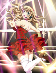 Rule 34 | 1girl, :d, ass, bare arms, blonde hair, brown footwear, floating hair, from side, hairband, headset, idol, ikkitousen, layered skirt, long hair, microphone, miniskirt, open mouth, outstretched arms, outstretched hand, plaid, plaid skirt, red hairband, red skirt, shoulder blades, skirt, skirt set, sleeveless, smile, solo, sonken chuubou, stage, standing, standing on one leg, thighhighs, white thighhighs, zettai ryouiki