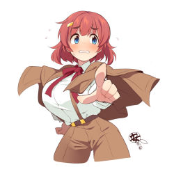 Rule 34 | 1girl, anzai miyako, bad id, bad pixiv id, blue eyes, blush, breast expansion, breasts, brown capelet, brown pants, capelet, collared shirt, cropped legs, dress shirt, flying sweatdrops, hand on own hip, idolmaster, idolmaster cinderella girls, large breasts, looking away, looking to the side, neck ribbon, pants, parted lips, red hair, red ribbon, ribbon, shirt, simple background, solo, suspenders, sweat, uccow, v-shaped eyebrows, wavy mouth, white background, white shirt