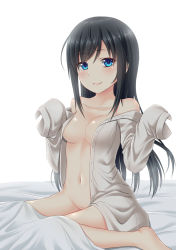 Rule 34 | 1girl, asashio (kancolle), black hair, blouse, blue eyes, blush, bottomless, breasts, closed mouth, hair between eyes, hanazome dotera, highres, kantai collection, long hair, long sleeves, looking at viewer, medium breasts, no bra, no panties, open clothes, open shirt, shirt, simple background, sitting, sleeves past wrists, smile, solo, very long hair, white background, white shirt