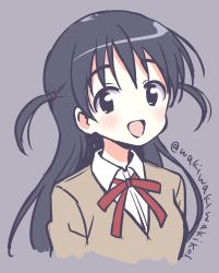 Rule 34 | 1girl, :d, absurdres, black eyes, black hair, blush, brown sweater, collared shirt, commentary request, grey background, hair between eyes, hair tie, head tilt, highres, long hair, looking at viewer, neck ribbon, neki (wakiko), open mouth, red ribbon, ribbon, school rumble, shirt, simple background, sketch, smile, solo, sweater, tsukamoto tenma, twitter username, two side up, upper body, very long hair, white shirt
