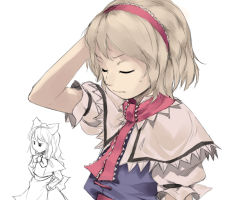 Rule 34 | 1girl, alice margatroid, arm up, blonde hair, capelet, female focus, frilled sleeves, frills, hairband, hand in own hair, puffy short sleeves, puffy sleeves, shanghai doll, short hair, short sleeves, simple background, sketch, solo, sun-3, touhou, upper body, white background