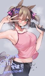 Rule 34 | 1girl, absurdres, animal ears, breasts, brown hair, commentary request, grey background, hair between eyes, highres, holding, holding microphone, horse ears, horse girl, horse tail, kshimu, large breasts, looking at viewer, microphone, midriff peek, one eye closed, short hair, simple background, smart falcon (just in time!? uma&lt;3dol) (umamusume), smart falcon (umamusume), solo, tail, translation request, twintails, umamusume