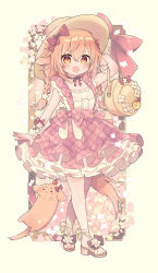 Rule 34 | 1girl, :d, animal, animal ears, arm up, aruya (flosrota), bag, blush, bow, brown background, brown footwear, brown hair, brown headwear, commentary request, dog, dog ears, dog girl, dog tail, eyebrows hidden by hair, full body, hair between eyes, hair bow, hand on headwear, highres, nail polish, open mouth, original, petticoat, pink skirt, plaid, plaid skirt, red bow, red eyes, sandals, shirt, short eyebrows, skirt, sleeveless, sleeveless shirt, smile, solo, standing, suspender skirt, suspenders, tail, thick eyebrows, white shirt