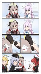 Rule 34 | 2girls, 4koma, 5girls, :d, ?, absurdres, akari (blue archive), belt, black coat, black gloves, blazer, blonde hair, blue archive, blush stickers, breaking, broken horn, capelet, coat, coat on shoulders, collared shirt, comic, commentary request, demon girl, demon horns, dress, drooling, durian12, flower, flying sweatdrops, gloves, glue, grey hair, hair between eyes, hair bun, hair flower, hair ornament, hair scrunchie, hair tubes, hairclip, halo, haruna (blue archive), hat, heart, highres, holding, horns, hug, indonesian commentary, izumi (blue archive), jacket, junko (blue archive), long hair, long sleeves, looking at another, mika (blue archive), multiple girls, necktie, nervous, one side up, open mouth, orange eyes, peaked cap, pink hair, pointy ears, red eyes, red hair, red necktie, school uniform, scrunchie, shirt, sidelocks, silent comic, simple background, single side bun, smile, spoken heart, surprised, sweatdrop, turtleneck dress, wavy mouth, white capelet, white dress, yellow eyes