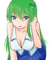 Rule 34 | 1girl, bare shoulders, blue eyes, breasts, cleavage, frog hair ornament, green hair, hair ornament, kochiya sanae, large breasts, leaning forward, long hair, looking at viewer, miyo (ranthath), open mouth, skirt, solo, touhou