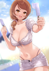 Rule 34 | 1girl, blush, bow, breasts, brown eyes, brown hair, cleavage, collarbone, commentary request, cropped shirt, cross-laced clothes, cross-laced top, day, double popsicle, food, hair bow, hair over shoulder, hands up, highleg, highleg panties, highres, hojo karen, holding, holding food, idolmaster, idolmaster cinderella girls, large breasts, looking at viewer, medium hair, midriff, miniskirt, mk (mod0), navel, open mouth, outdoors, panties, pink bow, popsicle, sharing food, shirt, skirt, smile, solo, stomach, tareme, underwear, white shirt, white skirt