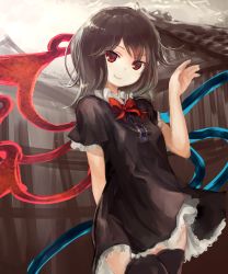 Rule 34 | 1girl, architecture, arm behind back, asymmetrical wings, black dress, black hair, black thighhighs, breasts, cloud, cloudy sky, contrapposto, cowboy shot, day, dress, east asian architecture, hand up, houjuu nue, looking at viewer, medium hair, omaesan (camp-192), outdoors, petticoat, red eyes, red ribbon, ribbon, short sleeves, sky, small breasts, smile, solo, standing, thighhighs, touhou, wings