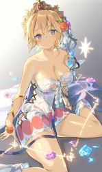 Rule 34 | 1girl, absurdres, argyle, argyle clothes, argyle cutout, bare shoulders, blonde hair, blue eyes, blush, boots, breasts, chromatic aberration, cleavage, clothing cutout, collarbone, commentary request, dress, europa (granblue fantasy), flower, gradient background, granblue fantasy, grey background, hair flower, hair ornament, highres, jewelry, kanase (mcbrwn18), looking at viewer, medium breasts, shiny skin, short dress, short hair, side cutout, simple background, sitting, smile, solo, strapless, strapless dress, tiara, wariza, white dress, white footwear