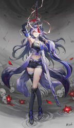 1girl absurdres acheron_(honkai:_star_rail) arm_up bandaged_arm bandaged_leg bandages belt black-shorts black_belt black_choker black_gloves black_shirt blood bloody_tears boots breasts bright_pupils chain chain_around_arm chinese_commentary choker cleavage closed_mouth coat coattails commentary_request corpse criss-cross_halter crop_top drawing_sword elbow_gloves electricity full_body gloves grey_sky hair_over_one_eye halterneck highres holding holding_sword holding_weapon honkai:_star_rail honkai_(series) katana knee_boots large_breasts leg_tattoo long_hair looking_at_viewer midriff mool_yueguang multicolored_hair multiple_others navel official_alternate_eye_color partial_commentary partially_shaded_face purple_hair red_eyes red_petals scabbard sheath shirt signature single_elbow_glove single_knee_boot single_thigh_boot single_wide_sleeve skull sky solo_focus standing streaked_hair sword tattoo thigh_boots unsheathing very_long_hair weapon white_coat white_pupils