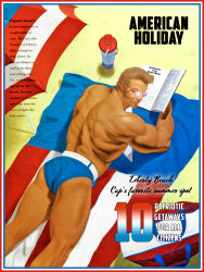 Rule 34 | 1boy, alternate costume, american flag, ass, ass focus, bara, beach, beach towel, beach umbrella, blue male underwear, book, captain america, christophersean, colored eyelashes, commentary, cowboy shot, english commentary, english text, glasses, highres, male focus, male underwear, marvel, marvel cinematic universe, muscular, outdoors, reading, solo, steve rogers, sun glare, thermos, topless male, towel, umbrella, underwear, western comics (style)