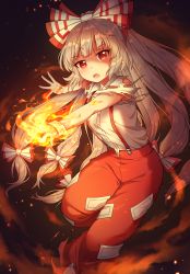 Rule 34 | 1girl, absurdres, arms up, bow, collar, dark background, fire, fujiwara no mokou, hair between eyes, hair bow, hands up, highres, holding, kaoling, light, long hair, looking at viewer, multicolored bow, open mouth, pants, red bow, red eyes, red pants, running, shadow, shirt, short sleeves, silver hair, solo, touhou, white bow, white collar, white shirt, white sleeves
