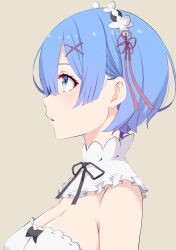 Rule 34 | 1girl, black bow, black ribbon, blue eyes, blue hair, blunt bangs, bow, breasts, brown background, cleavage, from side, hair ornament, hair over one eye, head wreath, highres, large breasts, maid, maid day, maid headdress, neck ribbon, parted lips, profile, re:zero kara hajimeru isekai seikatsu, rem (re:zero), ribbon, roswaal mansion maid uniform, short hair, simple background, small breasts, solo, upper body, x hair ornament, yasehattagi
