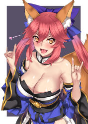 Rule 34 | 10s, 1girl, animal ears, bare shoulders, blush, breasts, cleavage, commentary, deras, detached sleeves, fang, fate/extra, fate/extra ccc, fate (series), fox ears, fox shadow puppet, fox tail, hair ribbon, heart, japanese clothes, large breasts, long hair, looking at viewer, open mouth, pink hair, ribbon, smile, solo, tail, tamamo no mae (fate/extra), tongue, twintails, wide sleeves, yellow eyes