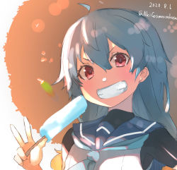 Rule 34 | 1girl, bad id, bad twitter id, blonde hair, blue hair, blue neckerchief, blue sailor collar, commentary request, dated, food, gloves, gradient hair, grin, hat, highres, kantai collection, long hair, looking at viewer, multicolored hair, neckerchief, popsicle, red eyes, sado (kancolle), sailor collar, shirt, sleeveless, sleeveless shirt, smile, solo, straw hat, sun hat, sunday aki, twitter username, undershirt, upper body, white gloves