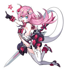 Rule 34 | 1girl, absurdres, black footwear, black gloves, blue eyes, breasts, fang, gloves, hair between eyes, hair ornament, highres, holding, holding sword, holding weapon, honkai (series), honkai impact 3rd, horns, index finger raised, long hair, looking at viewer, navel, pink hair, rozaliya olenyeva, simple background, sin (btc86amme), single horn, small breasts, solo, star (symbol), sword, tail, thighhighs, weapon, white background, white thighhighs