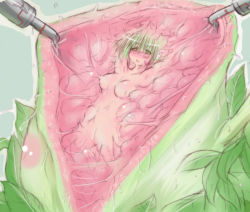 Rule 34 | 1girl, artist request, blush, breasts, digestion, female focus, inside creature, monster, nature, navel, no nipples, nude, open mouth, plant, restrained, slime, solo, source request, tears, vore