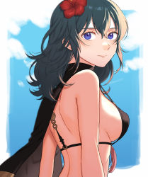 Rule 34 | 1girl, back, bikini, black bikini, black cape, blue hair, blue sky, breasts, byleth (female) (fire emblem), byleth (female) (summer) (fire emblem), byleth (fire emblem), cape, closed mouth, cloud, commentary request, fire emblem, fire emblem: three houses, fire emblem heroes, flower, from side, hair between eyes, hair flower, hair ornament, hibiscus, highres, large breasts, long hair, looking at viewer, nintendo, official alternate costume, peach11 01, purple eyes, red flower, sideboob, sky, smile, solo, swimsuit, twitter username, upper body
