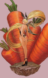 Rule 34 | 1girl, absurdly long hair, animal ears, arms behind back, ass, back, backless outfit, bad id, bad pixiv id, bare back, bare legs, bare shoulders, black footwear, black leotard, blonde hair, breasts, carrot, closed mouth, eyelashes, fake animal ears, faux figurine, floating hair, food, from behind, green eyes, hair between eyes, head tilt, high heels, highres, large breasts, legs together, leotard, long hair, looking at viewer, looking back, no socks, nose, original, oversized food, oversized object, pink background, playboy bunny, ponytail, rabbit ears, rabbit tail, scarf, shoes, sideboob, sidelocks, solo, standing, stiletto heels, strapless, strapless leotard, tail, tamidro, thong, thong leotard, vegetable, very long hair