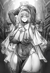 Rule 34 | absurdres, breasts, copyright request, cross, garter straps, grin, highres, huge breasts, indoors, inverted cross, looking at viewer, monochrome, nun, restart, revealing clothes, see-through, smile, teeth, thighhighs, thighs